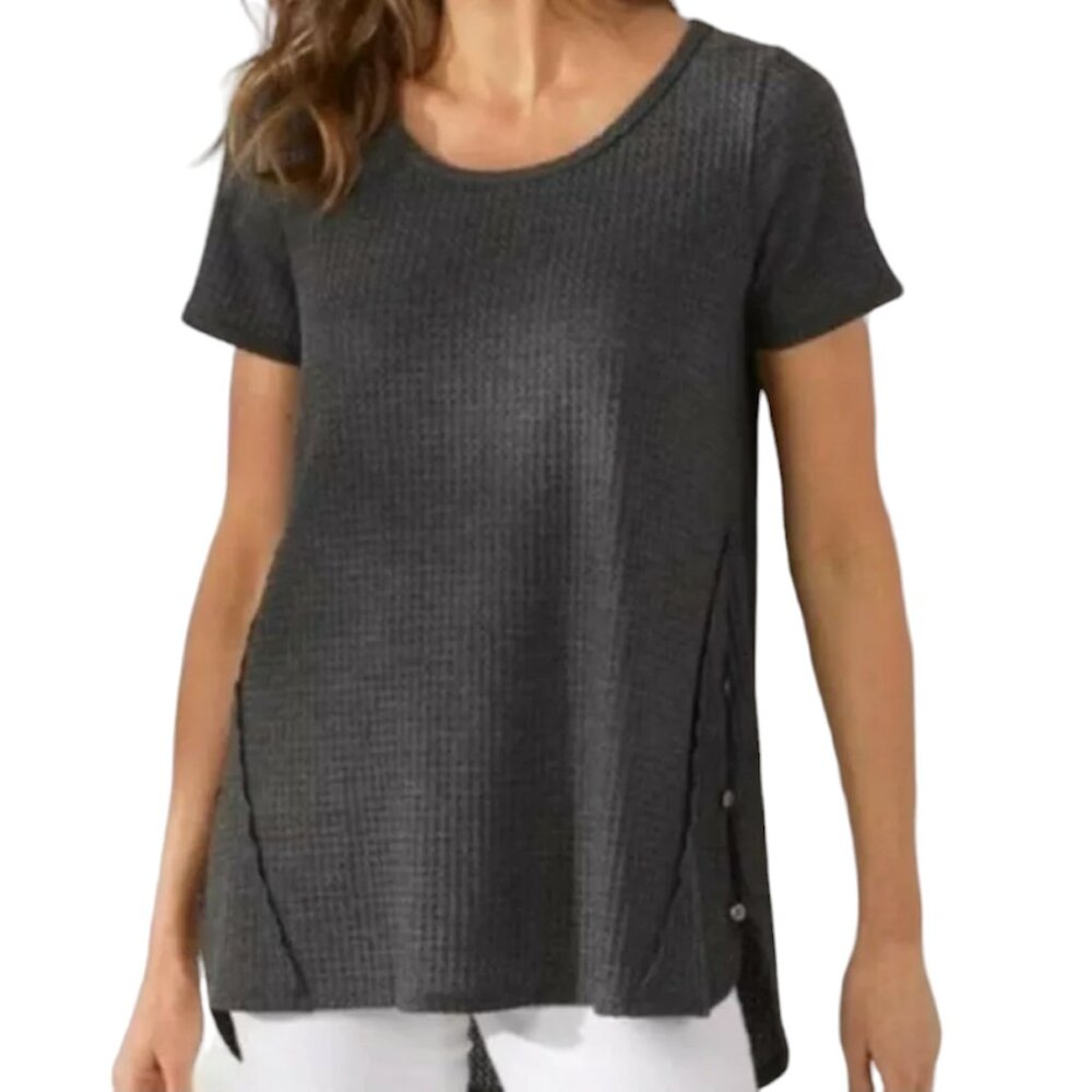 SOFT SURROUNDINGS Waverly Top, Gray Short Sleeve Buttons Waffle Knit Casual XS
